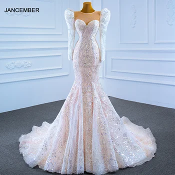 شراءJ67229 جانسيمبر كريستال حورية البحر فستان الزفاف 2021 كم طويل زائد حجم زي العرائس الترتر الدانتيل حتى الظهر