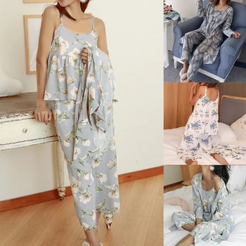 

Women Pajamas 3 Pieces Satin Sleepwear Pijama Silk Home Wear Home Clothing Embroidery Sleep Lounge Pyjama Pyjamas Set