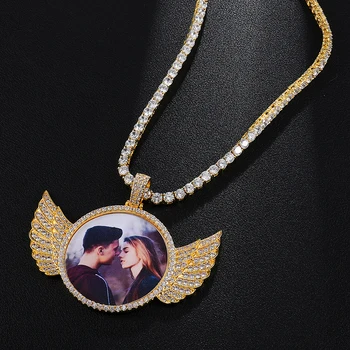 

Gold Custom Made Photo With Wings Medallions Necklace & Pendant 4mm Tennis Chain Cubic Zircon Men's Hip Hop Jewelry