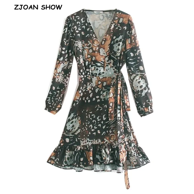 

2019 Women Colored Leopard Print Wrap Dress Vintage Cross V neck Tide Bow Bandage waist Mini Short Dresses Femme vestido