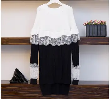 

Autumn Winte Women Knit Dresses Fashion Patchwork Lace Dress Pullover Sweater Dress