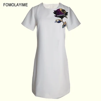 

Spring 2020 New Fashion Women's Dress Round Collar Short Sleeves Nail Beads Sequins Loose Dress