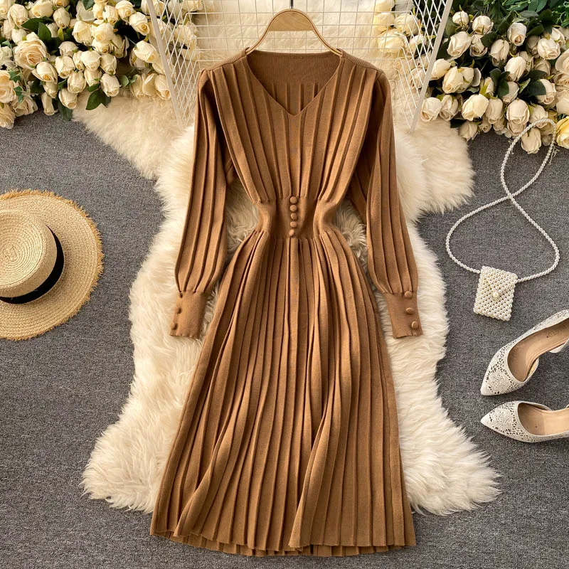 Autumn Winter Vintage Women's Knitted Dress 2020 Elegant V-Neck Temperament Long Sleeve Stripe Sweater Dress Female