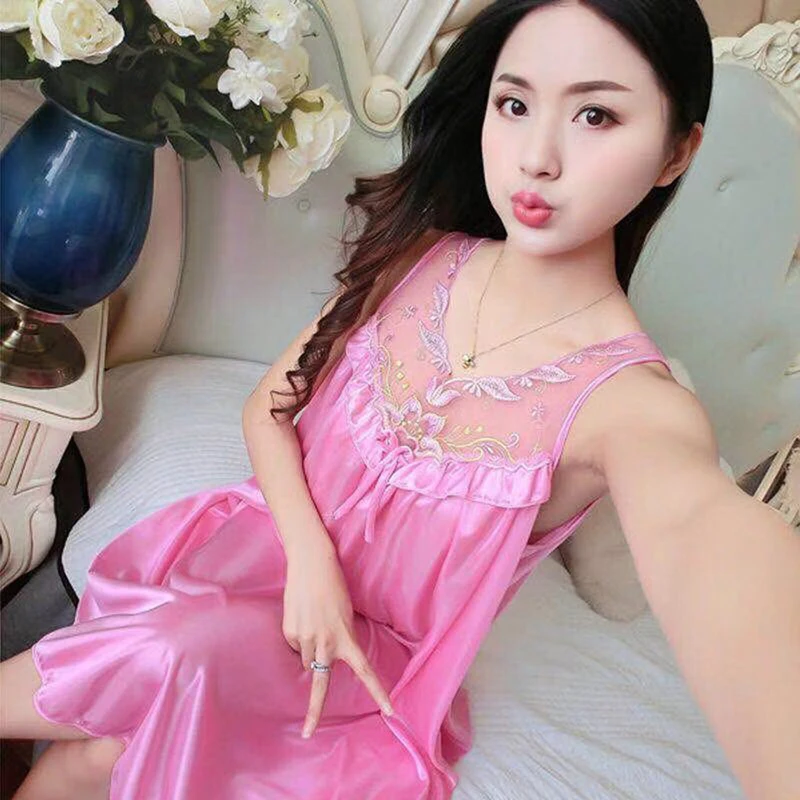 Medium Pink HEFLASHOR сексуальное кружевное шелковое платье для сна, атласное платье, гладкое ночное белье для женщин, летняя Ночная рубашка без рукавов - Цвет: Medium Pink