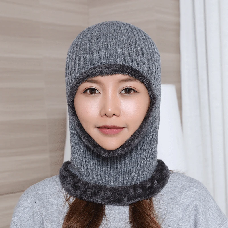 Autumn and Winter Knitted Wool Beanie Solid Masked Couple Hat Plus Velvet Thickening Unisex Earmuffs Scarf Hats Warm Winter Cap