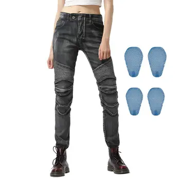 

Biker Jeans for Women Motorcycle Riding Pants Cycling Motocross Racing Jeans With 4 X Honeycomb Armor Detachable Knee Hip Pads