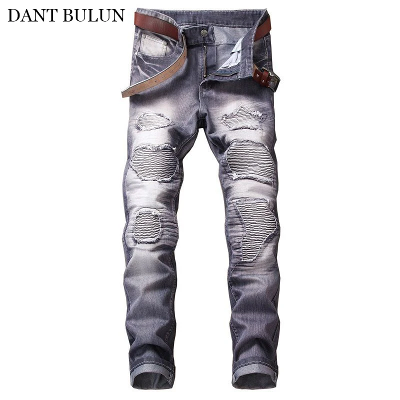 

Men Jeans Pants Fashion Designer Distressed Ripped Jeans Men Straight Fit Jeans Homme Patches Pleated Biker Trousers Male