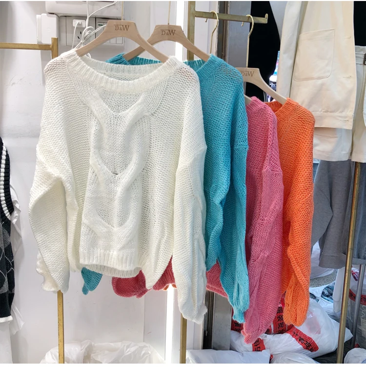 Свободный свитер с рукавами-фонариками, Женский пуловер c. h. i. c, корейский стиль, Ленивый Oaf, розовый, белый, трикотажный женский свитер, осенняя синяя одежда