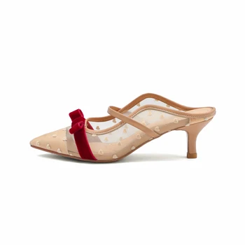 

Kmeioo Summer Fashion Sandals Pointed toe bowknot Mesh sandals slides middle heel 5cm slip on shoes breathable Casual stiletto