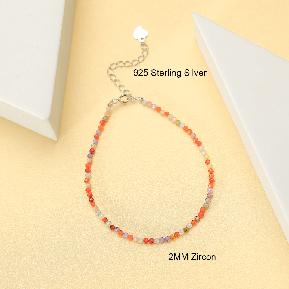 Stone Bead Bracelet Natural Stone Beads Bracelet on Hand Chain 2MM with 925 Sterling Silver Bangle For Women
