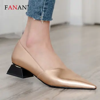 

FANAN Luxury Women Genuine Leather Pumps Summer Spring Black Gold Mid Heels Woman Pumps Pointed Toe High-heeled Shoes for Women
