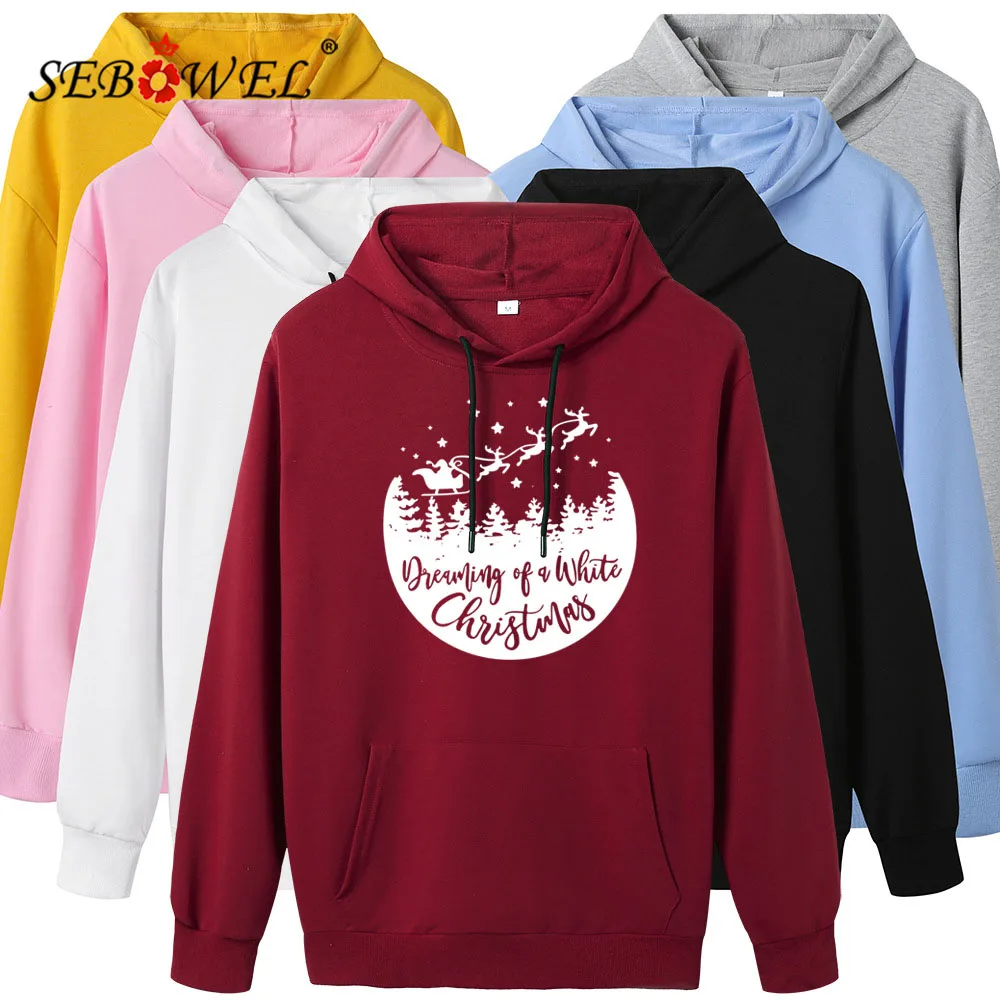 

SEBOWEL Autumn Winter Women's Christmas Sweatshirts Long Sleeve Female Letter Pattern Print Pullovers Casual Drawstring Hoodie