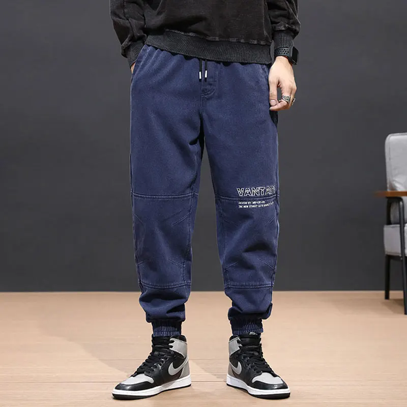 Deals Fashion Streetwear Men Jeans Loose Fit Embroidery Designer Denim Cargo Pants Elastic Waist Hip Hop Jeans Men Harem Pants Joggers