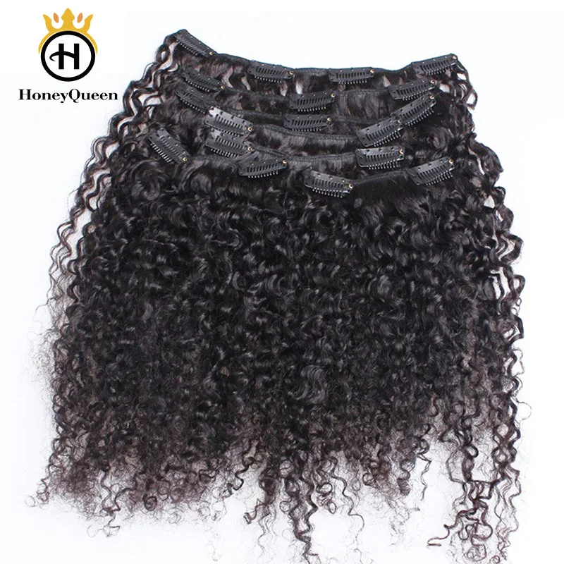 Koop Mongoolse Kinky Krullend Clip Ins Menselijk Haar Natuurlijke Kleur 3B 3C Clip In Human Hair Extensions 7 Pcs 120 Grams set honey Queen Remy