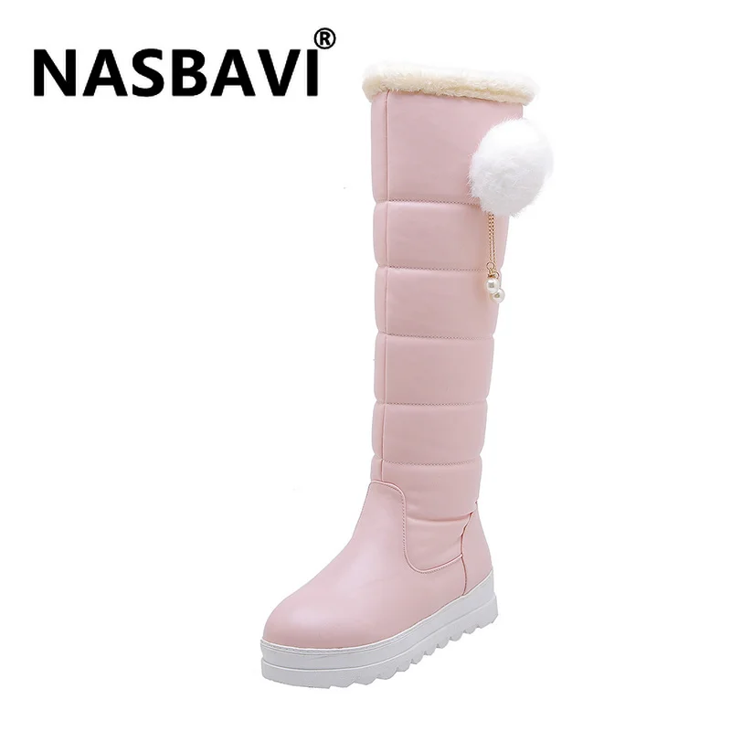 

Snow boots for women shoes High quality PU leather Pearl pendant Plush ball round toe non slip knee high winter boots size 32-43