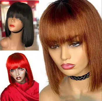 

Short Bob 13X6 Deep Part Human Hair Lace Front Wigs with Bangs Red Bob Silky Straight Lace Front Wigs X'mas New Year Gift