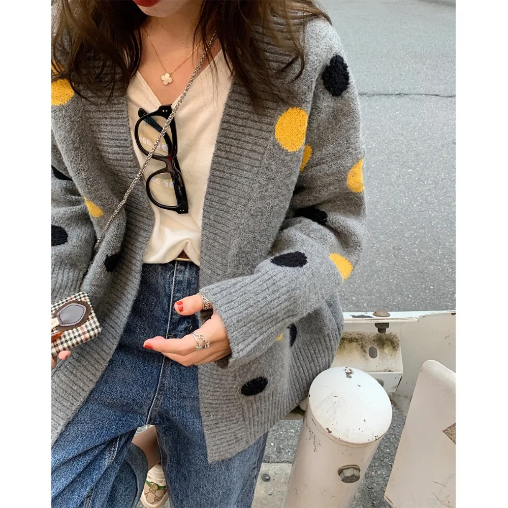Fall Winter Tops For Women 2019 Korean Style Vintage Polka Dot V Neck Oversized Cardigan Grey Knitted Wool Sweater Coat T420 Cardigans Aliexpress
