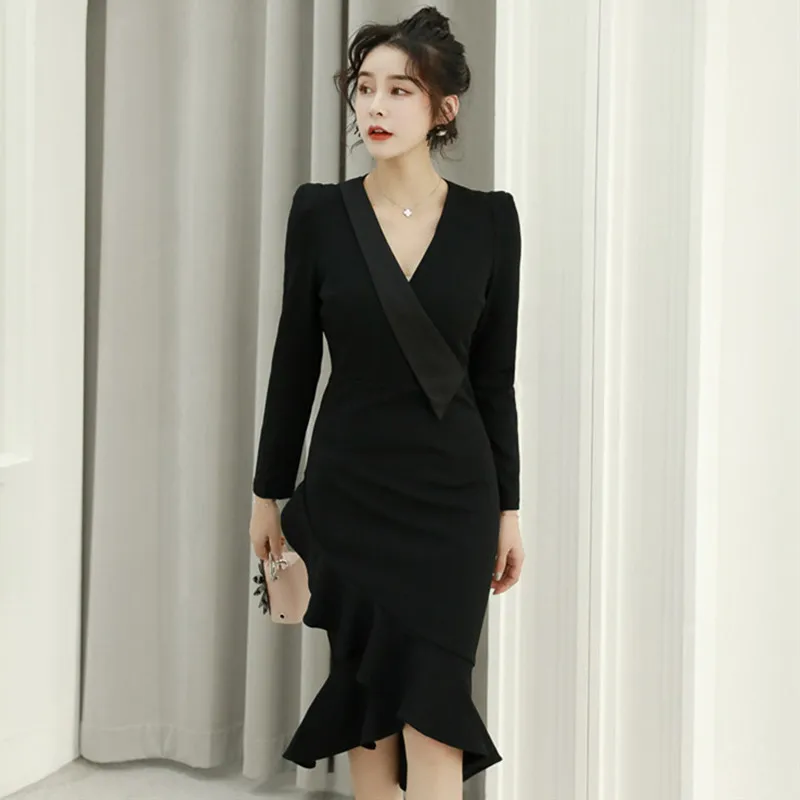 

Black OL Work Office Dress Women Solid 2019 Autumn Winter Dress Women Robe Femme Women Long Sleeve Asymmetrical Blazer Dresses