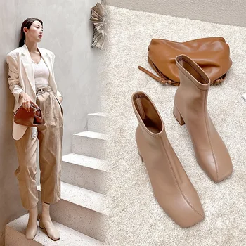 

2020 spring and autumn new thick with square head elastic boots female thin and thin shoes fashion wild single boots Z962