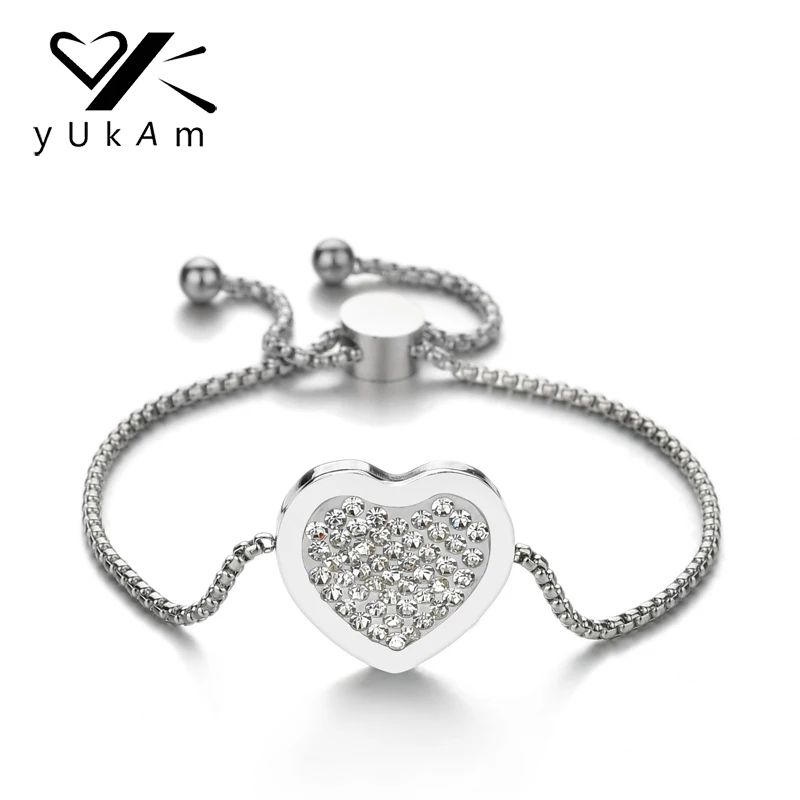 YUKAM, простые ювелирные изделия, серебро, нержавеющая сталь, стразы, большая любовь, сердце, очаровательные браслеты для женщин, регулируемые, с ПАВЕ, сердце, браслеты
