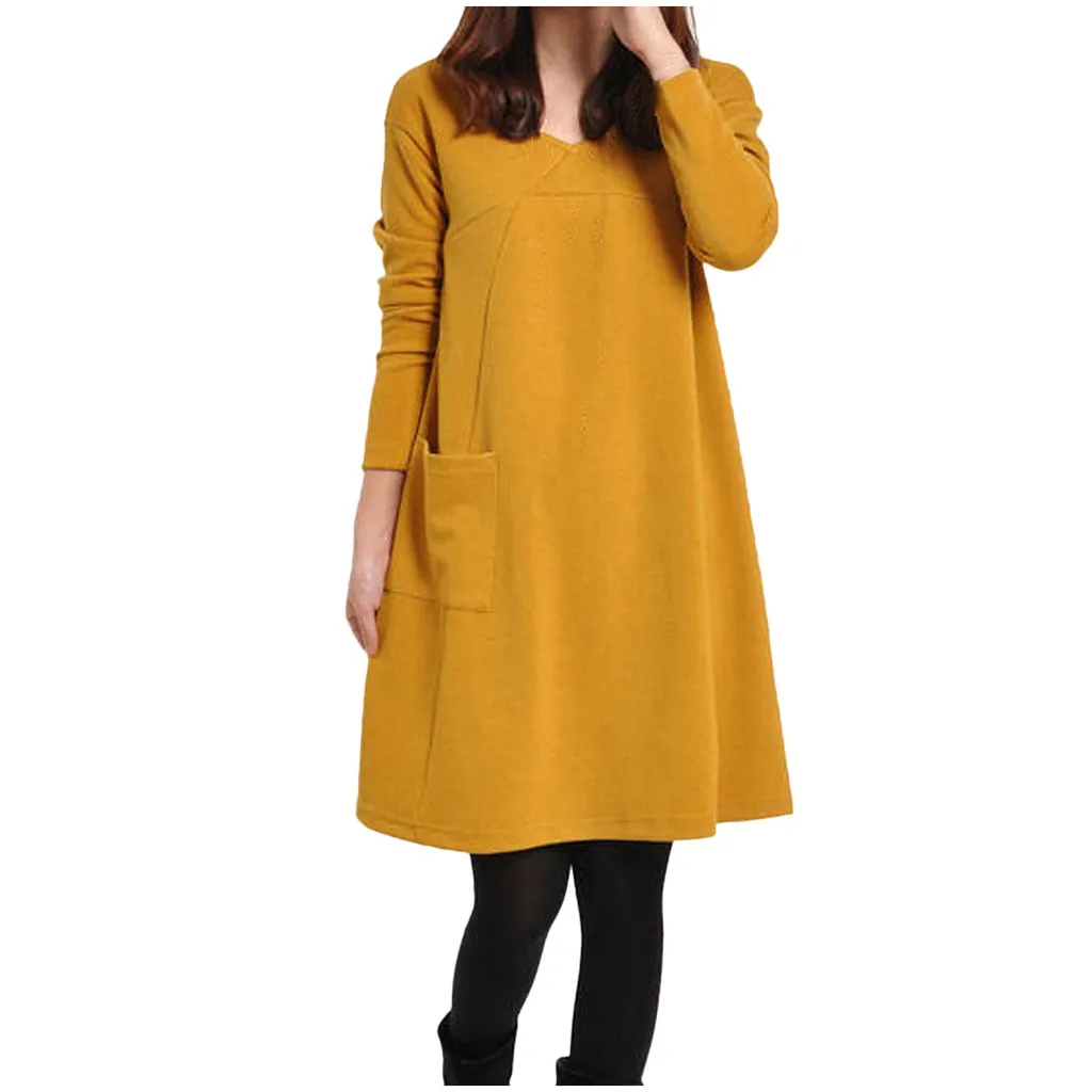 Осенне-зимнее женское платье с длинным рукавом, платье размера плюс, женское школьное платье с карманами, одноцветное свободное платье с круглым вырезом#20