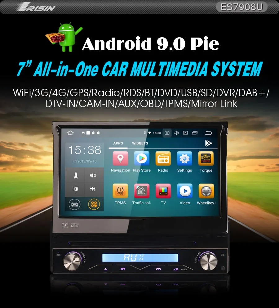 Erisin ES7908U 7 дюймов один Din съемный Android 9,0 Восьмиядерный 4 Гб ram Автомобильный DVD Радио BT для универсальных автомобилей