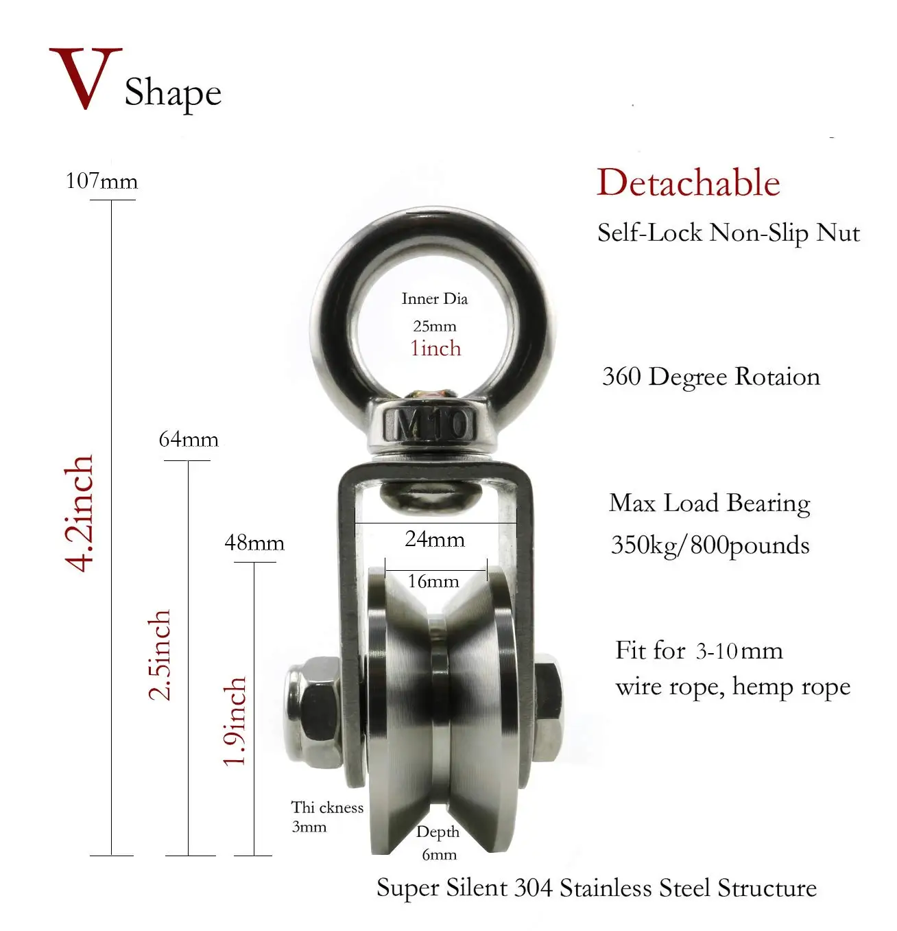 U Type Swivel Pulleys 304 Stainless Steel Duplex Bearing Super-Silent Detachable 360 Degree Rotation Heavy Duty Traction Wheel u type swivel pulleys