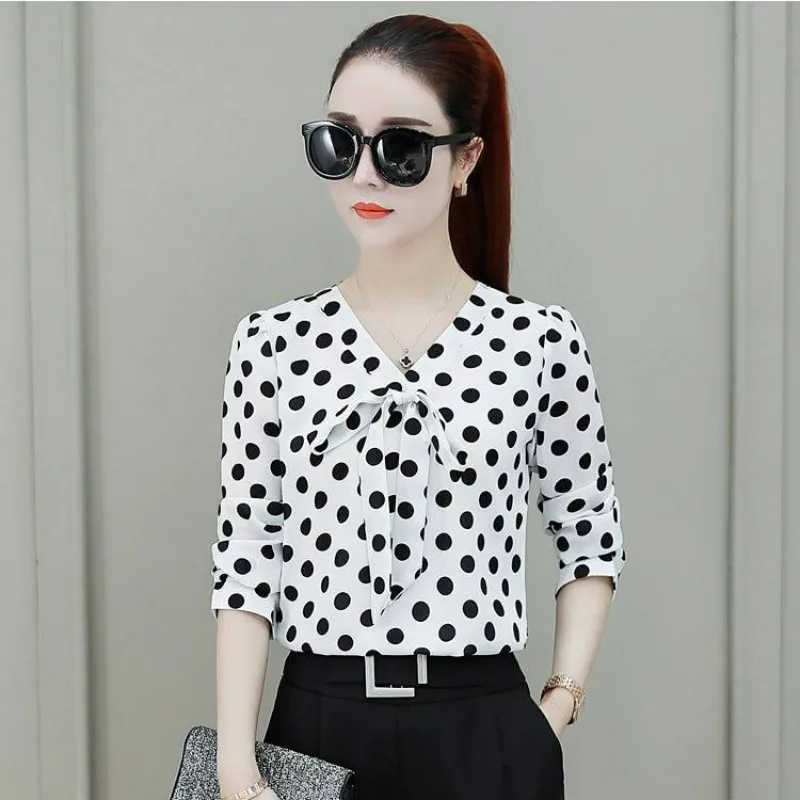 

New 2020 Women V-neck Polka Dot Printed Bottom Shirt & Blouses Female Long-sleeved Lace-up Chiffon Tops & Blouses Plus Size 5XL