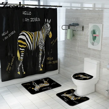 

Bath and Mat Shower Curtain Waterproof Toilet Carpet Microfiber Bathroom Decoration Home Anti Slip Rug Set Zebra Printing