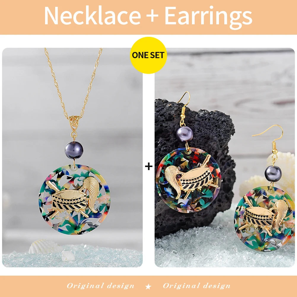 Cring Coco Polynesian Jewelry Sets Hawaiian Trendy Acrylic Instrument Drum Pendant Necklaces Earrings Set Wholesale for Women 