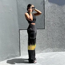 Y2k Patchwork Wide Leg Pants Alternative Sexy Casual Street High Waist Bell Bottoms Women Solid Yellow Black See Through Pant