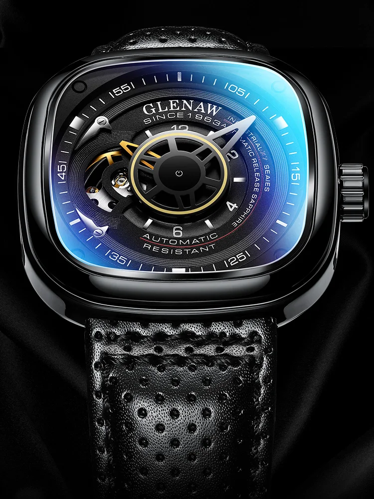 GLENAW Топ бренд Роскошные мужские часы 30 м водонепроницаемые часы с датой квадратные мужские механические часы военные наручные часы Relogio