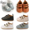 Baby Girls Boys Non-Slip PU First Walking Shoes, Buckle Strap Soft Sole Solid Infant Slip-on Sock Shoes 1