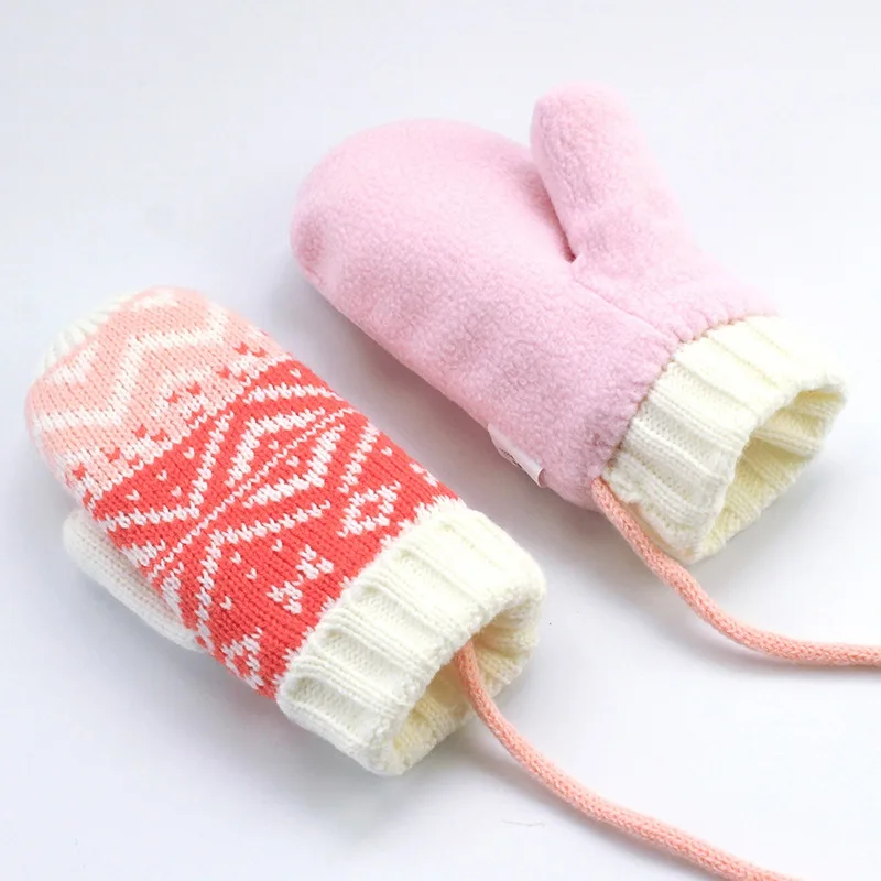 0-8 years Winter Warm Kids Girls Knitting Glove Outdoor Fleece Lining Mittens With Neck String