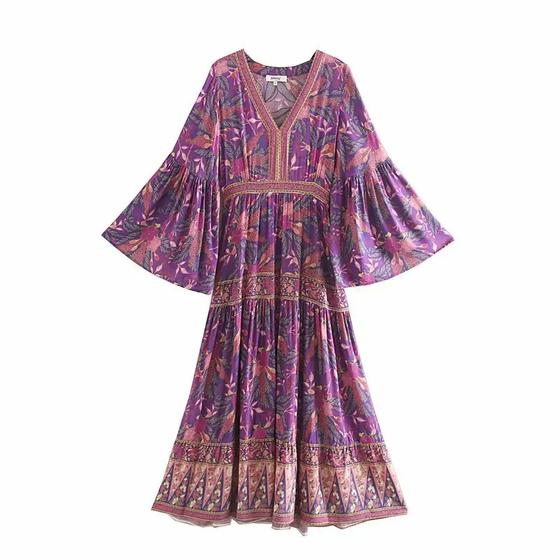 

Europe And America 2019 Autumn New Products WOMEN'S Dress V-neck Bell Sleeve Slimming Floral Printed Seaside Holiday Dress Long