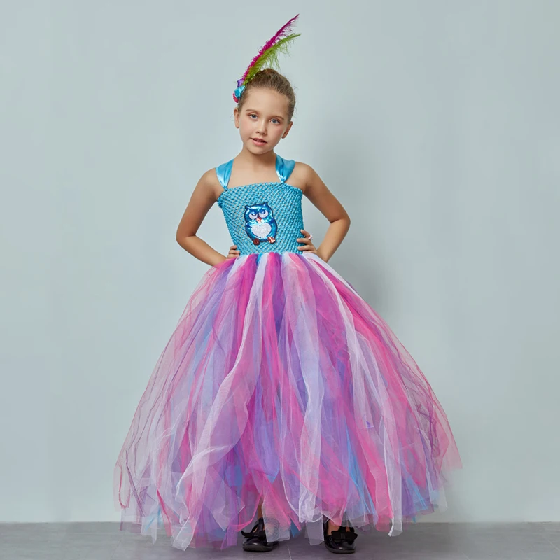 Owl Feather Tutu Dress Birthday Party Kids Halloween Costume Girls Animal Tulle Dress with Headwear Princess Pageant Ball Gown (2)