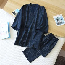 Men Spring Pajamas Japanese Kimono Sleepwear Cotton Bathrobe Two-piece Pijamas V-Neck Striped Nightwear Lounge Set