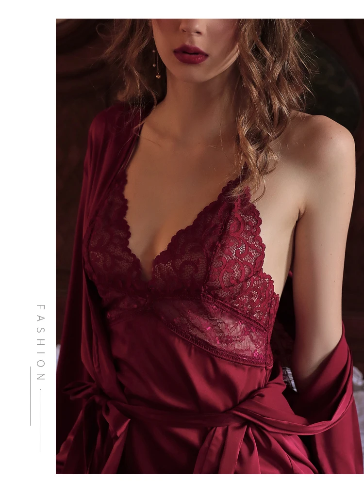 CINOON Sexy Silk Nightgown Embroidery Lace Bath Gown Nightdress Summer Sleepwear Wedding Night Dress Robe With Belt Home Clothes Nightwear (13)