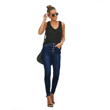 

Women'S New Distressed Slim Button Jeans Femme High Waist High Elasticity Stretch Skinny Denim Pencil Pants Trousers