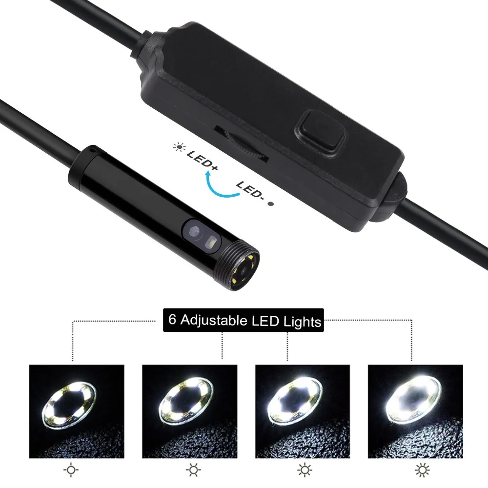 듀얼 USB 내시경 720P 카메라, 하드 케이블 스네이크 검사 카메라, 안드로이드 PC 내시경용, 8mm, 6 LED 보어스코프, 2m, 5m, 10m