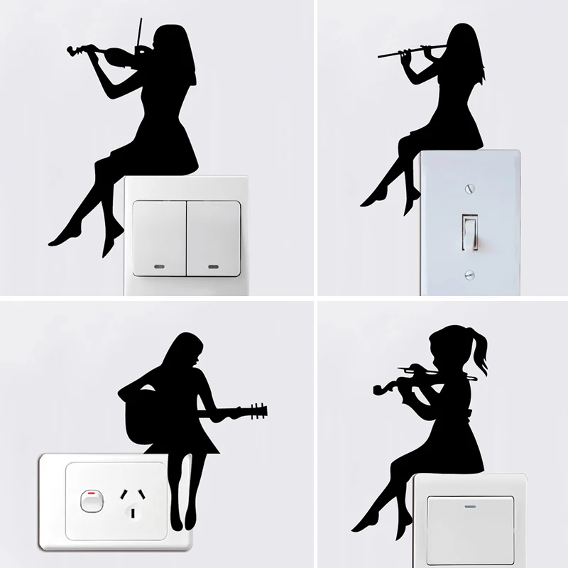 Violin Beauty Girl the Light Switch Sticker Vinyl Wallpaper Art Home Decor musical instrument Silhouette Wall Stickers | Дом и сад