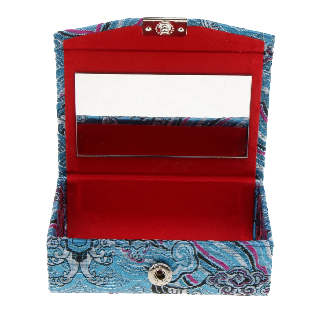 Retro Brocade Embroidered Chinese National Costume Design Lipstick Jewelry Case Holder Box With Mirror- Holds 2 Lipsticks