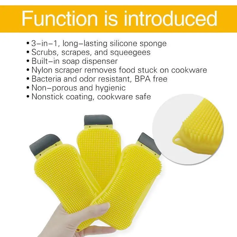 

3 in 1 Multiuse Silicone Sponge Scraper Brush Kitchen Dishes Bath Wash Cleaner