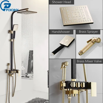 

POIQIHY Black Golden Shower Set Faucet Bathroom Rainfall Bath Shower Faucet Mixer Tap Wall Mounted Rain Mixer Faucet Crane
