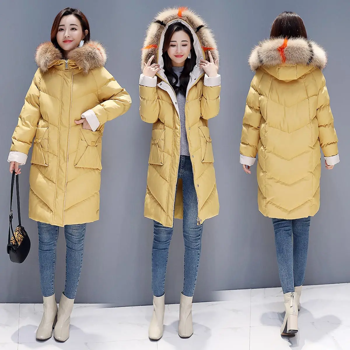 

2019 Winter New Style Cotton Coat INS Cotton-padded Jacket Korean-style Loose-Fit Mid-length Large Fur Collar Cotton-padded Clot