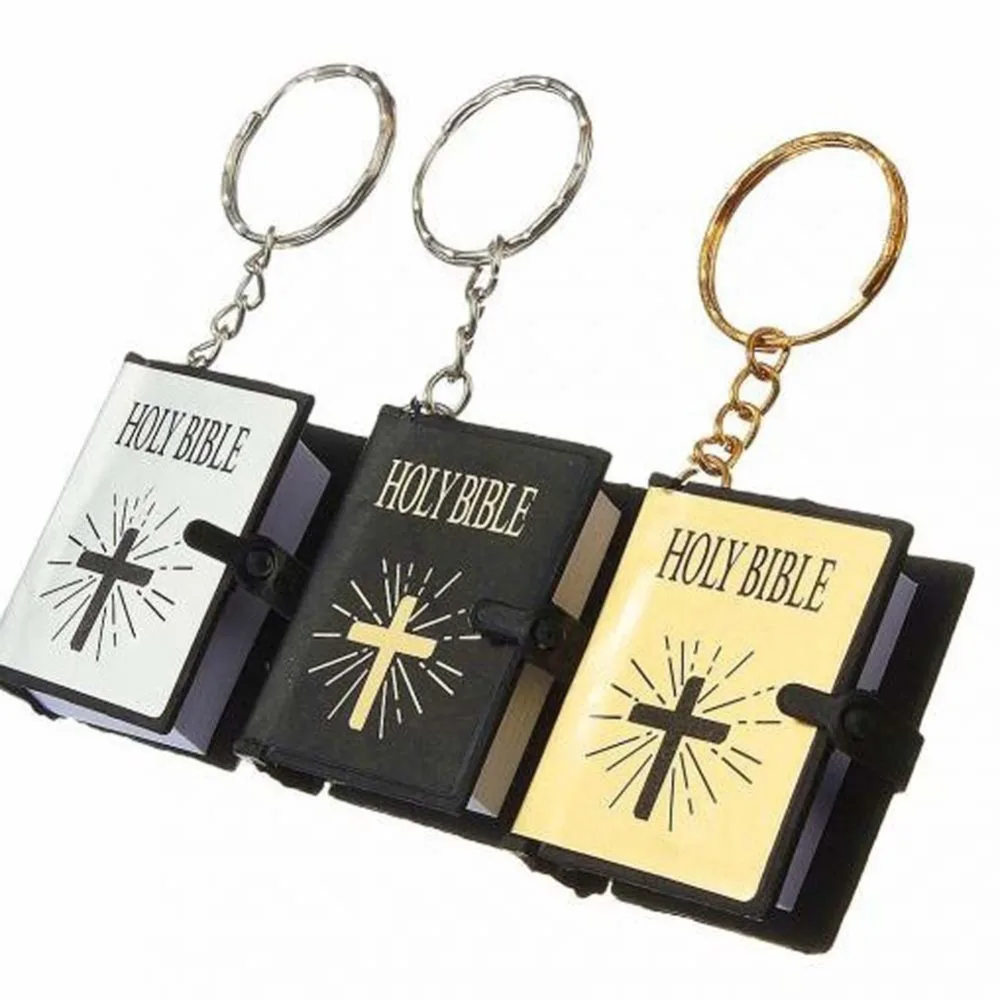 Mini Bible Key Chains Holy Bible Book Hanging Pendant Keychain Keyring Holder Religious Christian Key Chains Metal Ring Lovely