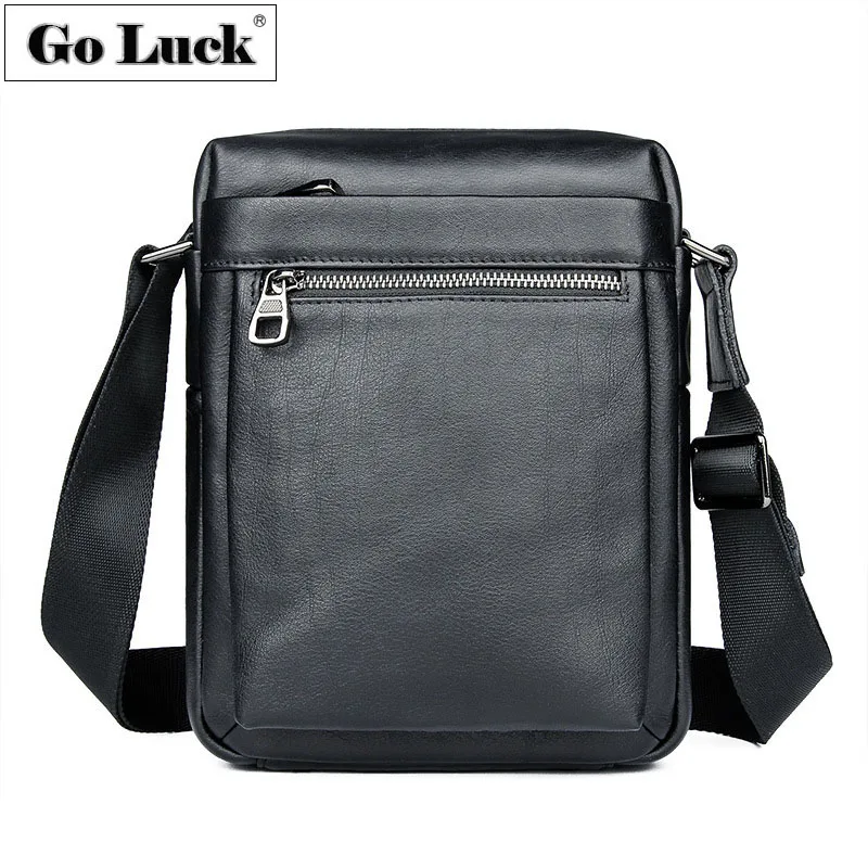 

GO-LUCK Brand Solid Black Genuine Leather Casual Men Crossbody Shoulder Bag Men's Cowhide Messenger Bag Zipper Ipad Pack