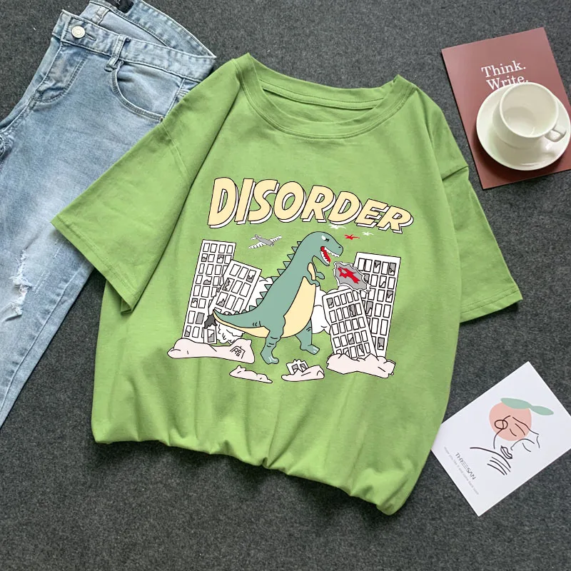 95% Cotton summer Ins Hot Plus Size women t-shirts harajuku Korean Streetwear couple clothes dinosaur short Tops japanese D03