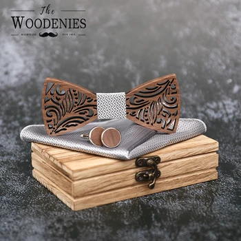

Fashion Cutout Flower Pattern Wooden Bow Tie and Handkerchief Corbatas Cufflinks Gift for Gentleman can Engraved custom logo