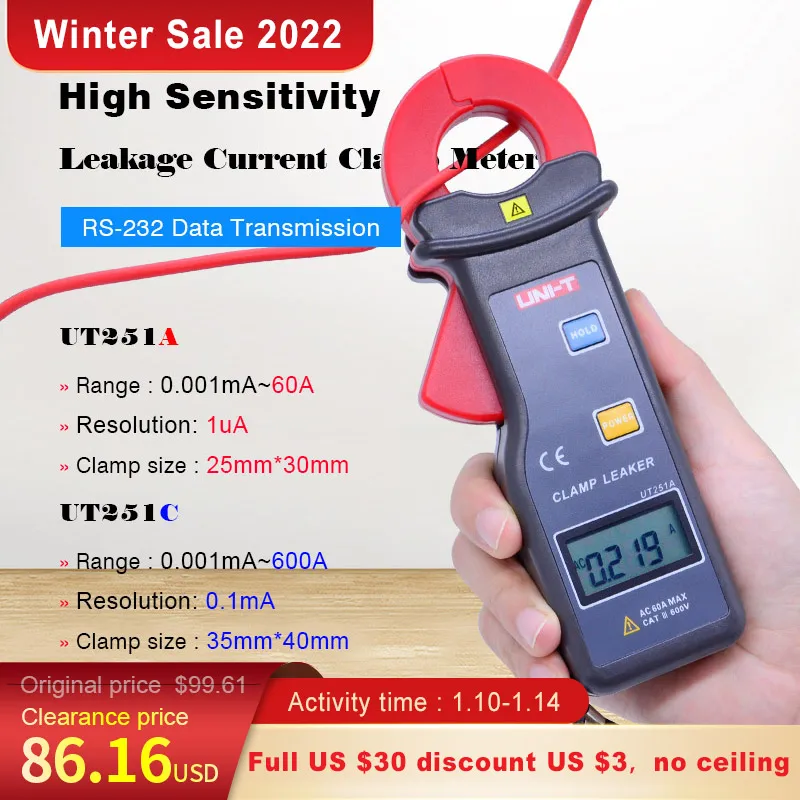 UNI-T UT251C Leakage Current Clamp Meter – High Sensitivity, 600A AC, 4-Digit LCD, Auto Range, Data Logging – For Electricians & HVAC